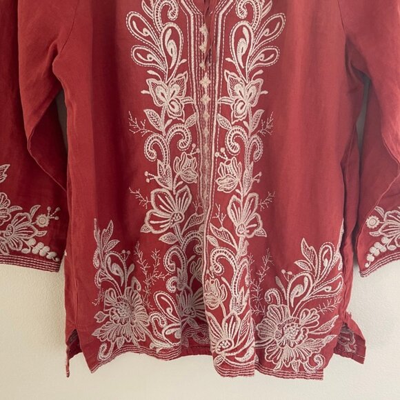 JOHNNY WAS Brick Red Embroidered 100% Linen Peasant Top: Size Small; NWOT! - Picture 6 of 9